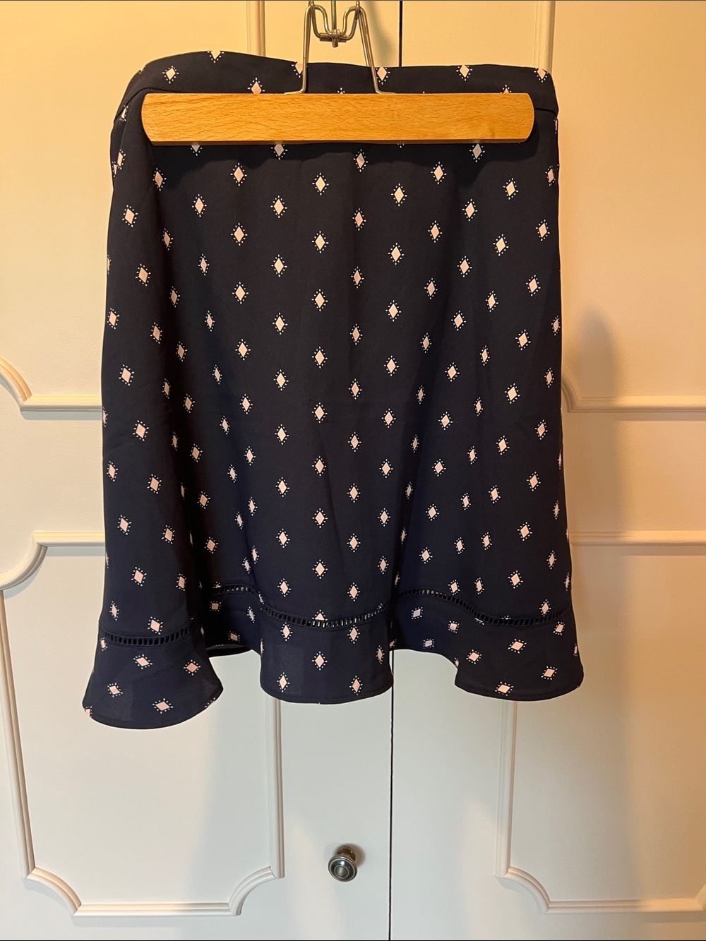 LOFT Navy A-Line Skirt with Light Pink Diamond Motif